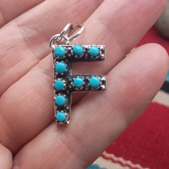 Southwest Letter Initial F Pendant Sterling Silver Snake Eye Turquoise 1 1/8" - Picture 2 of 4